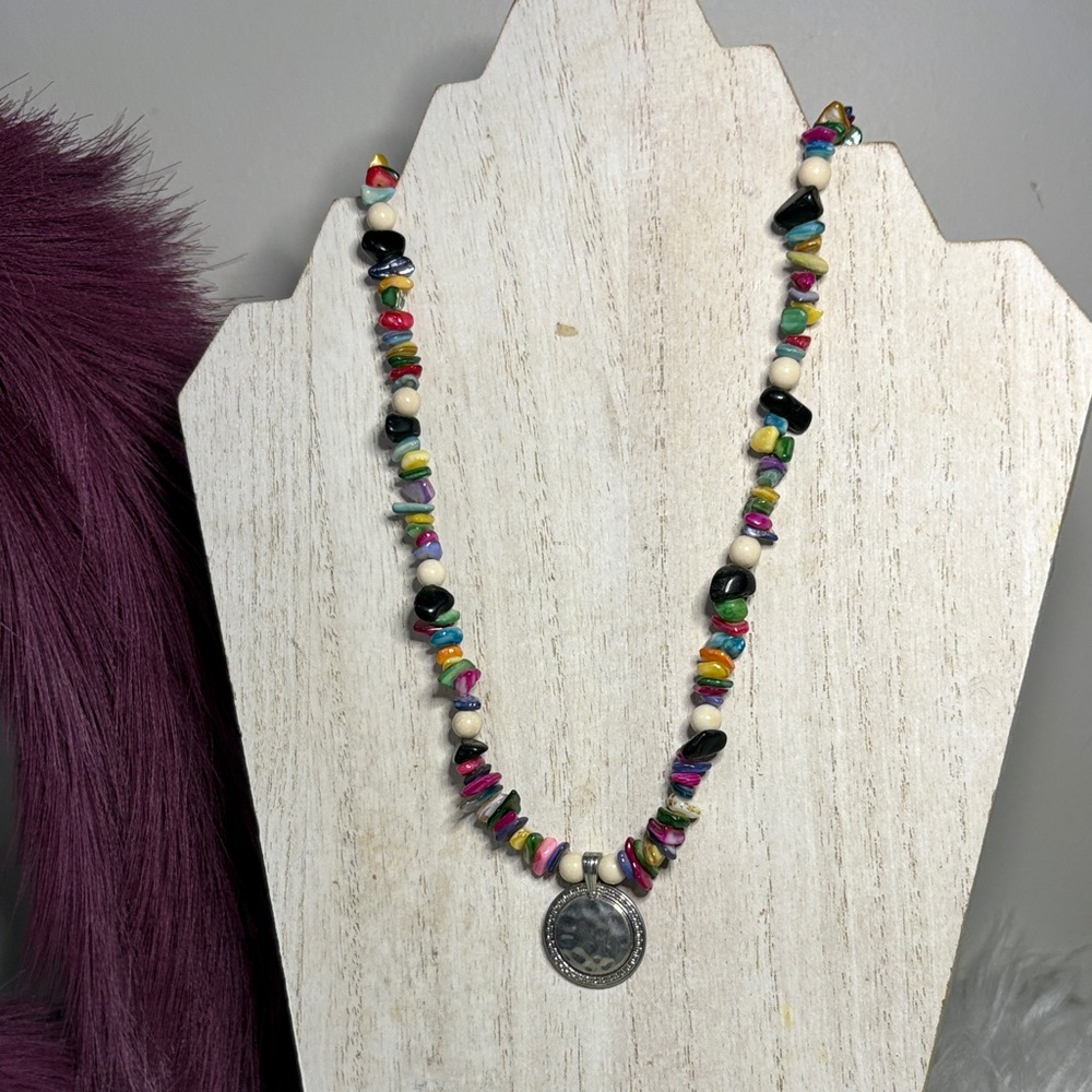 Multicolor Beaded Necklace with Silver Pendant